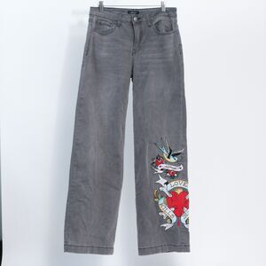 Y2K Ed Hardy Women Gray Denim Love Kills Slowly Tattoo Embroidered Jeans, 28